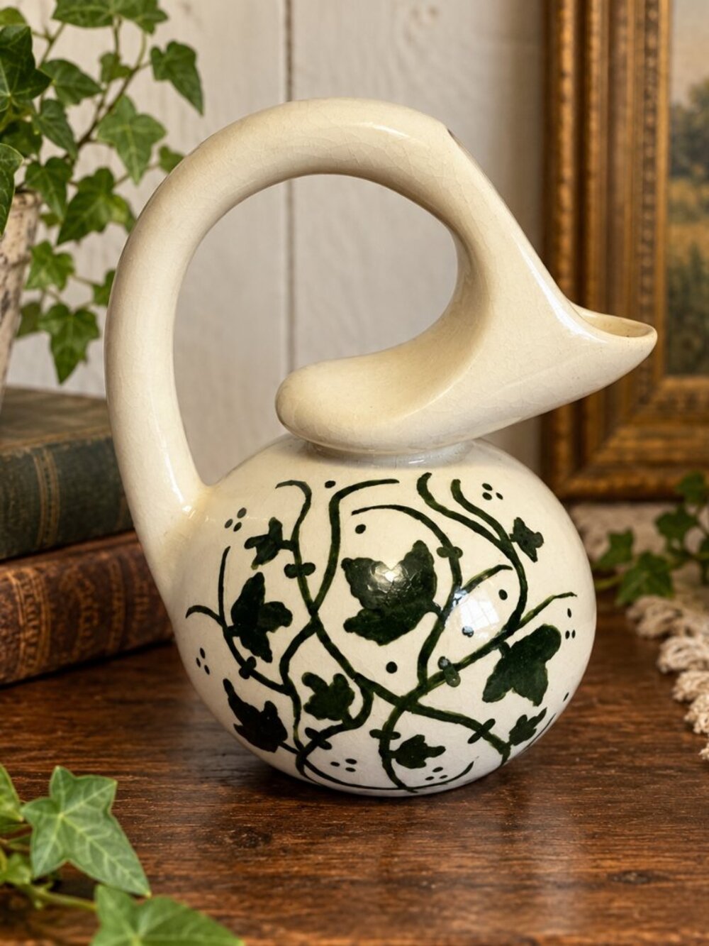 Signed A. Holdefer Studio Art Pottery Ewer Pitcher Hand Painted Green Botanical